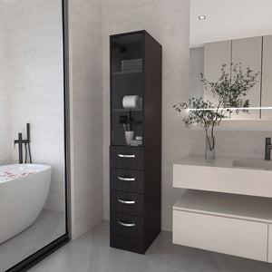 English Elm Linen Cabinet Epic Black — Tall Engineered Wood Bathroom Storage with Glass Door, 3 Shelves & 3 Drawers B092S00293