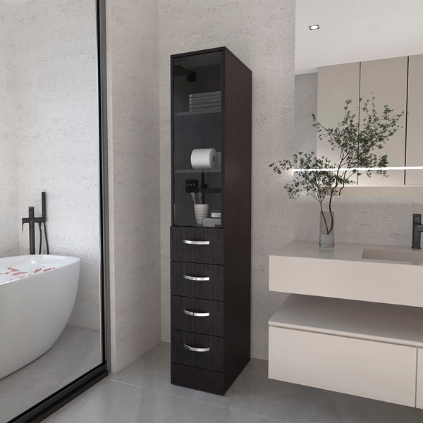 English Elm Linen Cabinet Epic Black — Tall Engineered Wood Bathroom Storage with Glass Door, 3 Shelves & 3 Drawers B092S00293