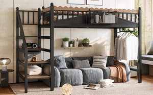 English Elm Twin Xl Metal Loft Bed with Stair Storage Shelves Sturdy Steel Frame for Dorms W1580S00377