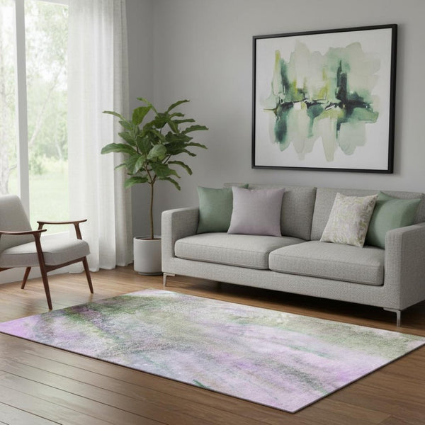 HomeRoots 5' X 8' Vibrant Purple and Green Abstract Washable Area Rug with UV Protection for Modern Spaces 646800