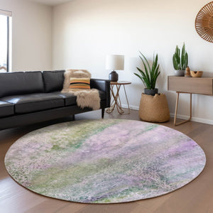 HomeRoots 8' Purple And Green Abstract Washable Round Rug - Durable, Stain Resistant, UV Protected Design for Every Home 646801