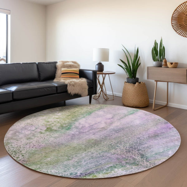 HomeRoots 8' Purple And Green Abstract Washable Round Rug - Durable, Stain Resistant, UV Protected Design for Every Home 646801