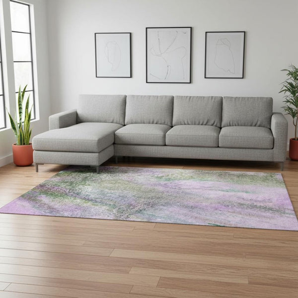 HomeRoots 9' X 12' Contemporary Purple & Green Abstract Area Rug - Washable, UV Resistant, Stain-Repellent 646803