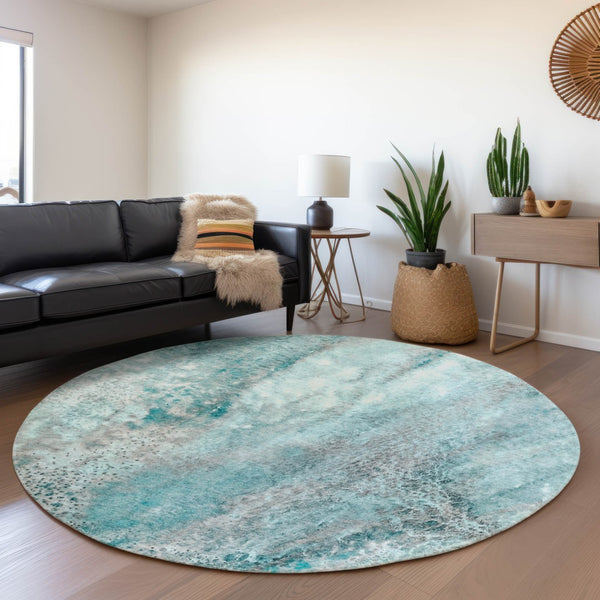 HomeRoots 8' Teal And Ivory Abstract Washable Round Rug - Stylish, Stain-Resistant, UV Protected for High Traffic Areas 646807