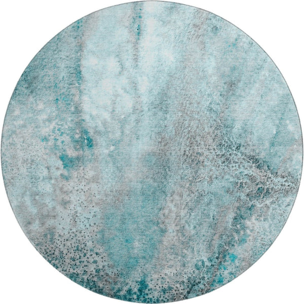 HomeRoots 8' Teal And Ivory Abstract Washable Round Rug - Stylish, Stain-Resistant, UV Protected for High Traffic Areas 646807