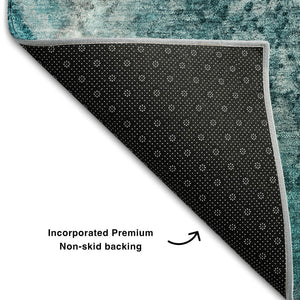 HomeRoots 8' Teal And Ivory Abstract Washable Round Rug - Stylish, Stain-Resistant, UV Protected for High Traffic Areas 646807