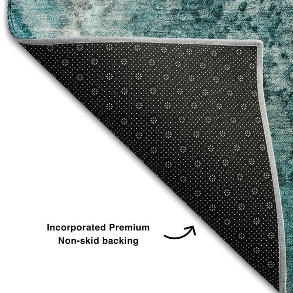 HomeRoots 8' Teal And Ivory Abstract Washable Round Rug - Stylish, Stain-Resistant, UV Protected for High Traffic Areas 646807