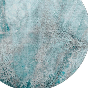 HomeRoots 8' Teal And Ivory Abstract Washable Round Rug - Stylish, Stain-Resistant, UV Protected for High Traffic Areas 646807