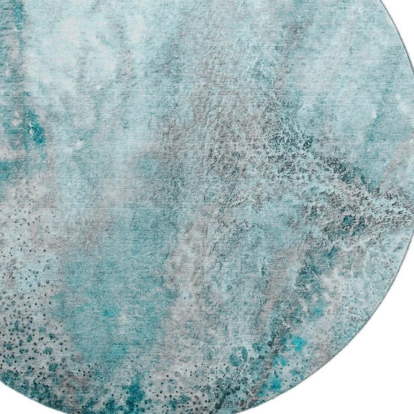 HomeRoots 8' Teal And Ivory Abstract Washable Round Rug - Stylish, Stain-Resistant, UV Protected for High Traffic Areas 646807