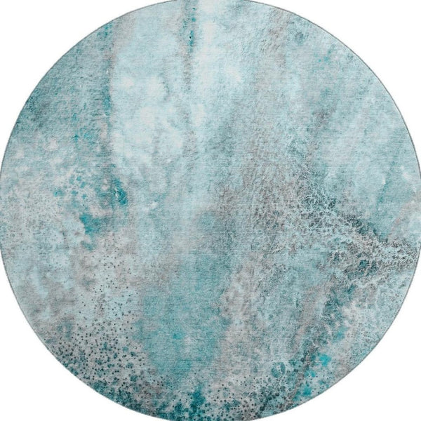 HomeRoots 8' Teal And Ivory Abstract Washable Round Rug - Stylish, Stain-Resistant, UV Protected for High Traffic Areas 646807