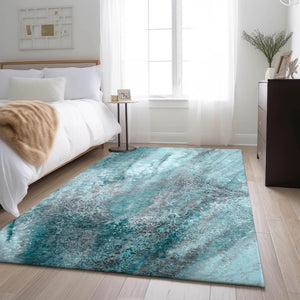 HomeRoots 8' X 10' Teal & Ivory Abstract Washable Area Rug - Durable, UV-Protected for Homes with Kids & Pets 646808