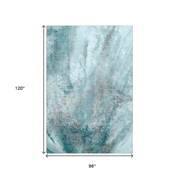 HomeRoots 8' X 10' Teal & Ivory Abstract Washable Area Rug - Durable, UV-Protected for Homes with Kids & Pets 646808