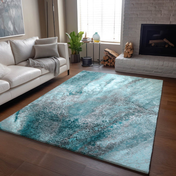 HomeRoots 8' X 10' Teal & Ivory Abstract Washable Area Rug - Durable, UV-Protected for Homes with Kids & Pets 646808