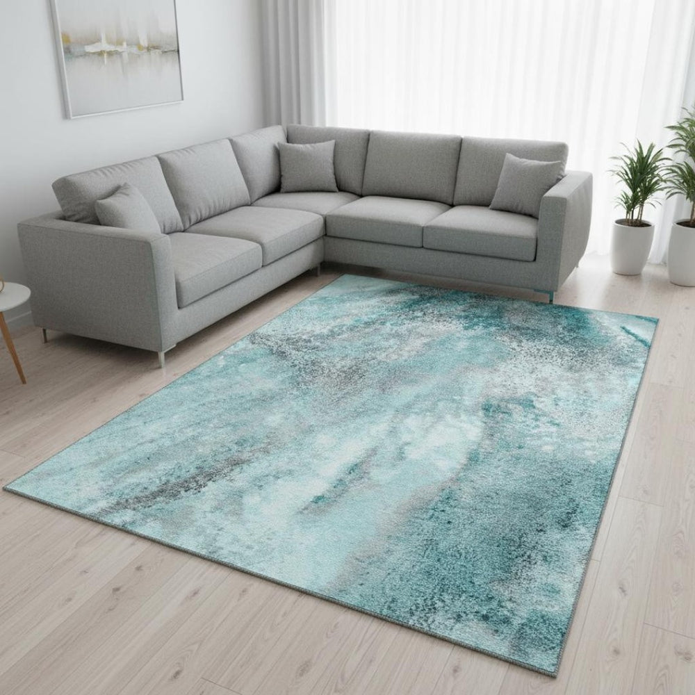 HomeRoots 8' X 10' Teal & Ivory Abstract Washable Area Rug - Durable, UV-Protected for Homes with Kids & Pets 646808
