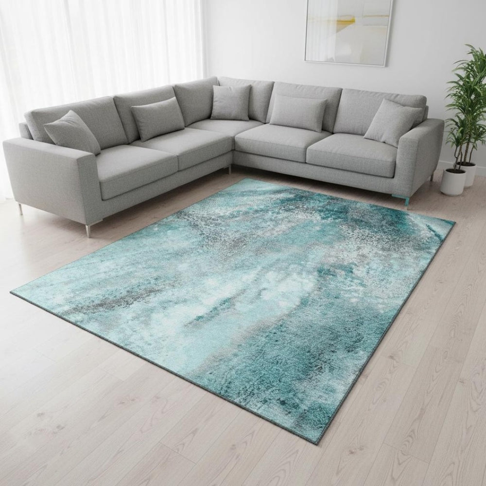 HomeRoots 9' X 12' Teal and Ivory Abstract Area Rug with UV Protection – Stain-Resistant, Washable, Stylish Comfort 646809