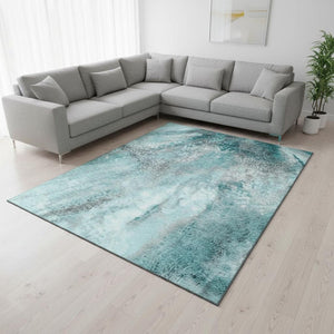 HomeRoots 9' X 12' Teal and Ivory Abstract Area Rug with UV Protection – Stain-Resistant, Washable, Stylish Comfort 646809