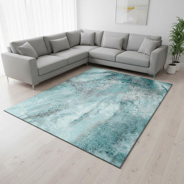 HomeRoots 9' X 12' Teal and Ivory Abstract Area Rug with UV Protection – Stain-Resistant, Washable, Stylish Comfort 646809