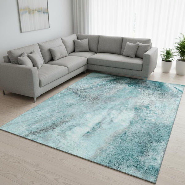 HomeRoots 10' X 14' Teal and Ivory Abstract Washable Area Rug – Stain-Resistant, UV Protected, Durable Design 646810