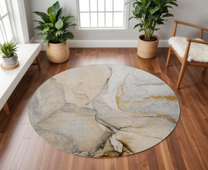 HomeRoots 8' Modern Abstract Round Rug in Beige, Brown & Ivory - Washable, UV Protected, Stain-Resistant Design 646813