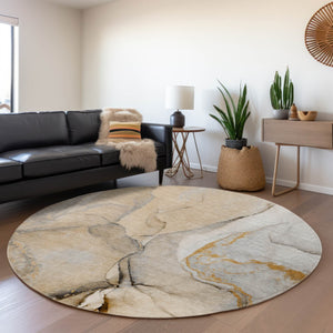 HomeRoots 8' Modern Abstract Round Rug in Beige, Brown & Ivory - Washable, UV Protected, Stain-Resistant Design 646813