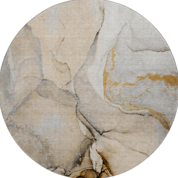 HomeRoots 8' Modern Abstract Round Rug in Beige, Brown & Ivory - Washable, UV Protected, Stain-Resistant Design 646813