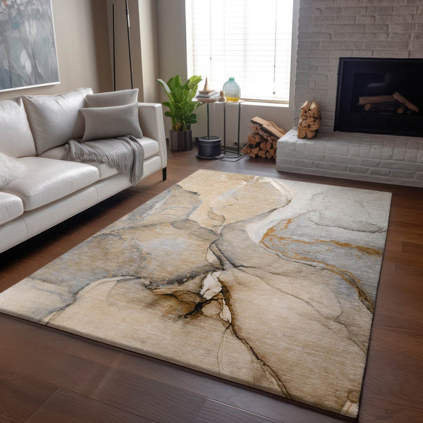 HomeRoots 8' X 10' Beige Brown Ivory Abstract Area Rug - Washable, UV Protected, Perfect for Busy Homes! 646814