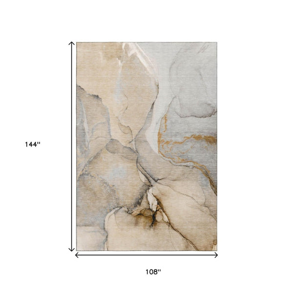 HomeRoots 9' X 12' Abstract Washable Area Rug in Beige, Brown & Ivory - Stylish, Durable, UV Protected Design 646815