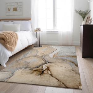 HomeRoots 10' X 14' Stylish Beige Brown Abstract Washable Area Rug – UV Resistant, Stain-Repellent & Durable 646816