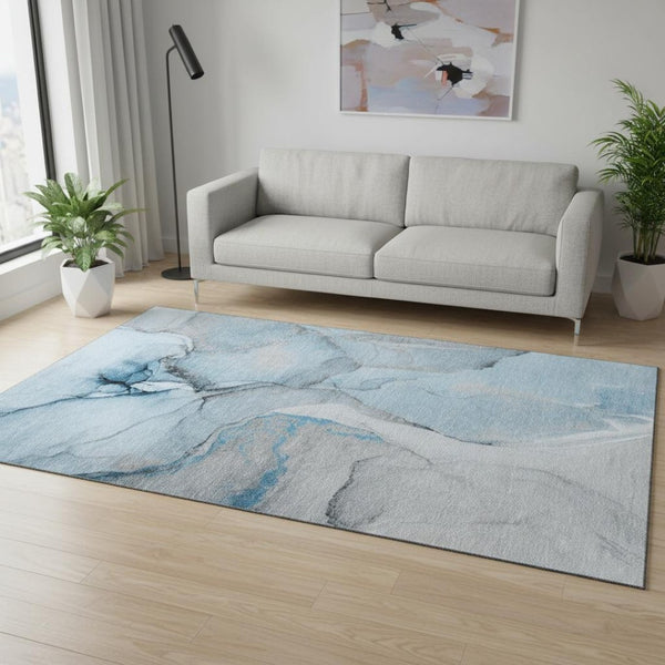 HomeRoots 5' X 8' Abstract Blue Gray & Ivory Washable Area Rug with UV Protection for Family-Friendly Spaces 646818