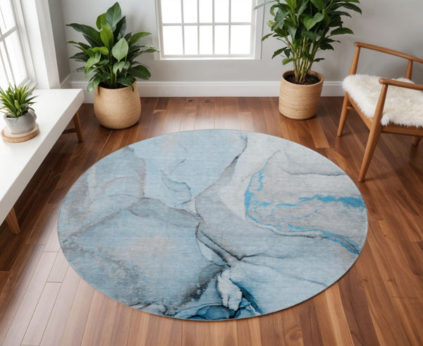 HomeRoots 8' Modern Abstract Blue-Gray and Ivory Washable Round Rug with UV Protection for Any Space 646819