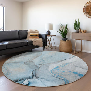 HomeRoots 8' Modern Abstract Blue-Gray and Ivory Washable Round Rug with UV Protection for Any Space 646819