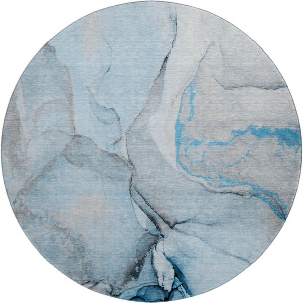 HomeRoots 8' Modern Abstract Blue-Gray and Ivory Washable Round Rug with UV Protection for Any Space 646819
