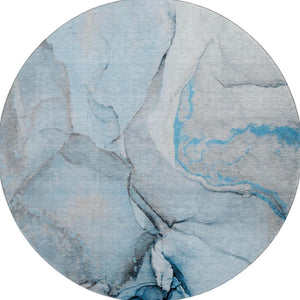 HomeRoots 8' Modern Abstract Blue-Gray and Ivory Washable Round Rug with UV Protection for Any Space 646819