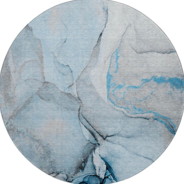 HomeRoots 8' Modern Abstract Blue-Gray and Ivory Washable Round Rug with UV Protection for Any Space 646819