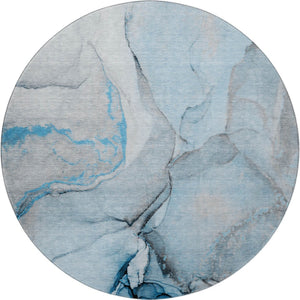 HomeRoots 8' Modern Abstract Blue-Gray and Ivory Washable Round Rug with UV Protection for Any Space 646819
