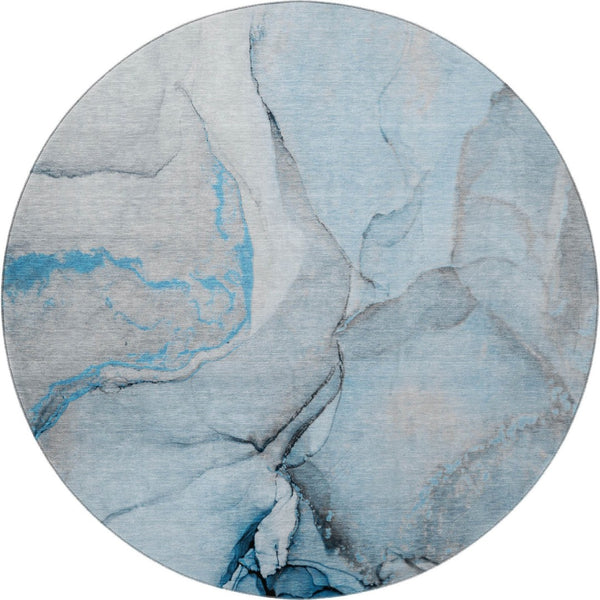 HomeRoots 8' Modern Abstract Blue-Gray and Ivory Washable Round Rug with UV Protection for Any Space 646819