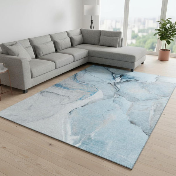 HomeRoots 8' X 10' Abstract Blue Gray & Ivory Washable Area Rug – UV Protected, Soft, Stylish, and Durable! 646820