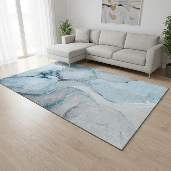 HomeRoots 9' X 12' Abstract Blue-Gray & Ivory Washable Area Rug with UV Protection, Stain Resistance & Style 646821