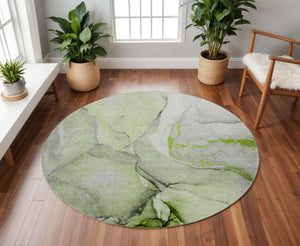 HomeRoots 8' Washable Round Rug in Green, Gray & Ivory - UV Protected, Durable, Family-Friendly Design for All Spaces 646825