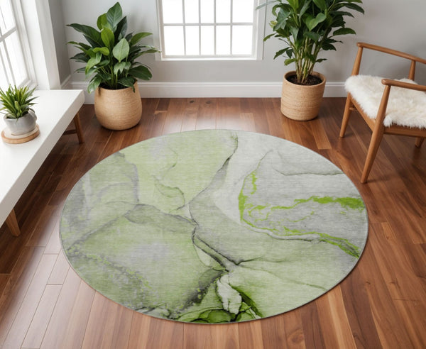 HomeRoots 8' Washable Round Rug in Green, Gray & Ivory - UV Protected, Durable, Family-Friendly Design for All Spaces 646825