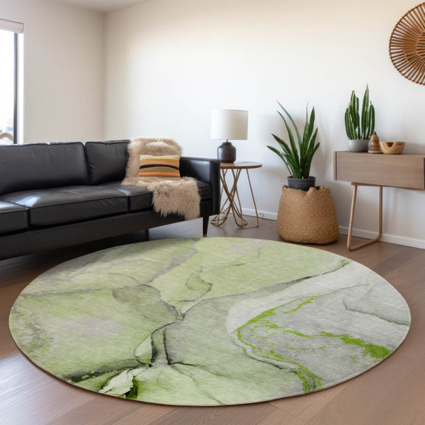 HomeRoots 8' Washable Round Rug in Green, Gray & Ivory - UV Protected, Durable, Family-Friendly Design for All Spaces 646825