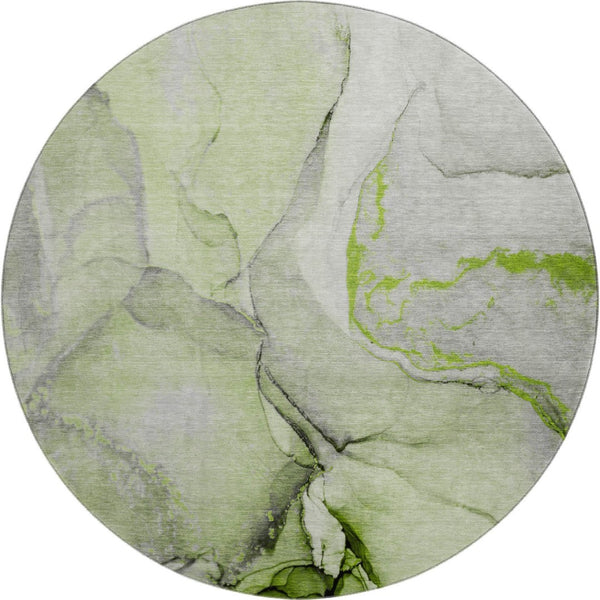 HomeRoots 8' Washable Round Rug in Green, Gray & Ivory - UV Protected, Durable, Family-Friendly Design for All Spaces 646825