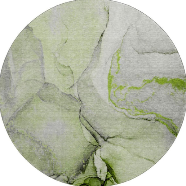 HomeRoots 8' Washable Round Rug in Green, Gray & Ivory - UV Protected, Durable, Family-Friendly Design for All Spaces 646825