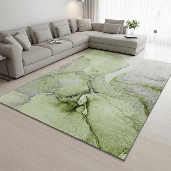 HomeRoots 9' X 12' Stylish Abstract Area Rug in Green, Gray & Ivory - Washable, UV-Protected & Durable Design 646827