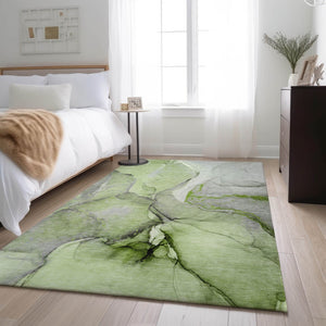 HomeRoots 9' X 12' Stylish Abstract Area Rug in Green, Gray & Ivory - Washable, UV-Protected & Durable Design 646827