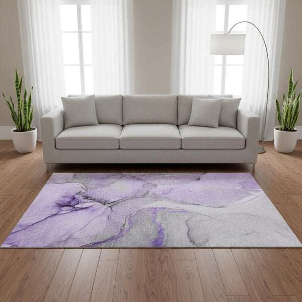 HomeRoots 5' X 8' Stylish Purple Gray Ivory Abstract Washable Area Rug with UV Protection for Busy Homes 646836
