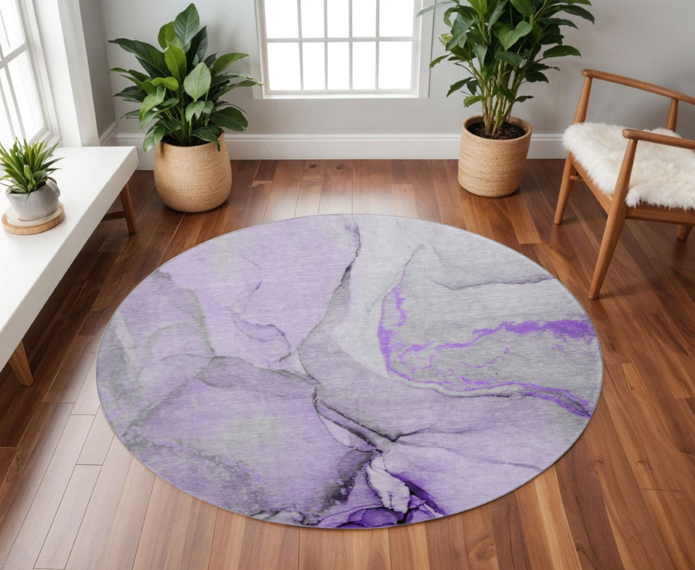 HomeRoots 8' Modern Abstract Round Rug in Purple, Gray, and Ivory - Washable, Stain Resistant, UV Protected! 646837