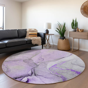HomeRoots 8' Modern Abstract Round Rug in Purple, Gray, and Ivory - Washable, Stain Resistant, UV Protected! 646837