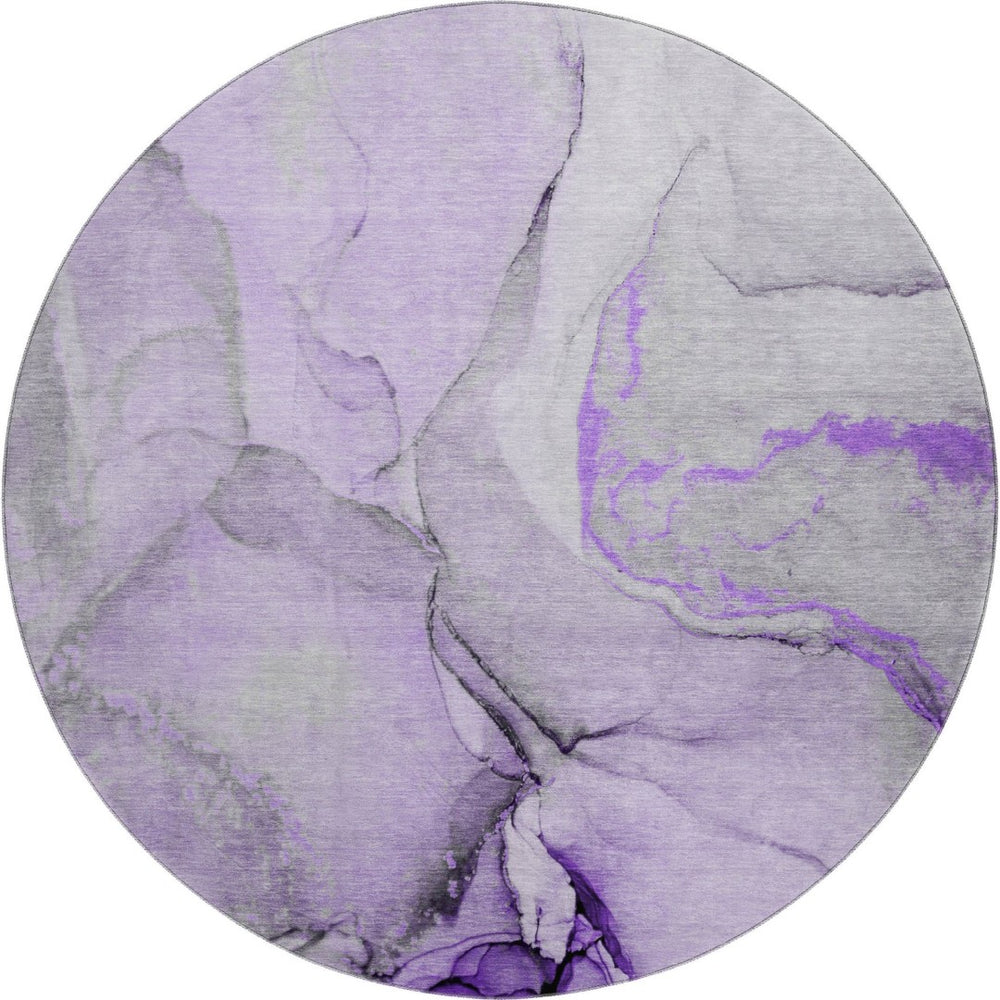 HomeRoots 8' Modern Abstract Round Rug in Purple, Gray, and Ivory - Washable, Stain Resistant, UV Protected! 646837