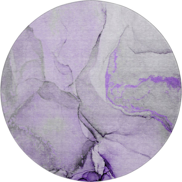 HomeRoots 8' Modern Abstract Round Rug in Purple, Gray, and Ivory - Washable, Stain Resistant, UV Protected! 646837